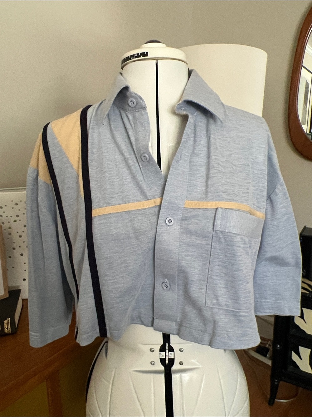 Up-Cycled Light Blue Collared Crop Top with Contrast Stripe Detail